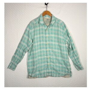 Tommy Bahama Men L Aqua Blue‎ Wht Plaid 100% Linen Relaxed Long Slv Button Shirt